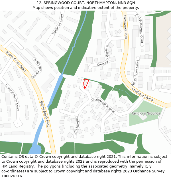 12, SPRINGWOOD COURT, NORTHAMPTON, NN3 8QN: Location map and indicative extent of plot