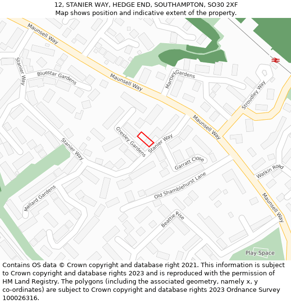 12, STANIER WAY, HEDGE END, SOUTHAMPTON, SO30 2XF: Location map and indicative extent of plot