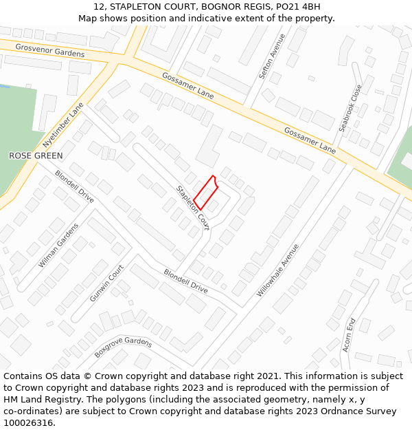 12, STAPLETON COURT, BOGNOR REGIS, PO21 4BH: Location map and indicative extent of plot