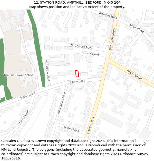 12, STATION ROAD, AMPTHILL, BEDFORD, MK45 2QP: Location map and indicative extent of plot