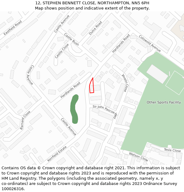 12, STEPHEN BENNETT CLOSE, NORTHAMPTON, NN5 6PH: Location map and indicative extent of plot