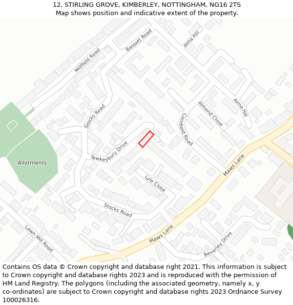 12, STIRLING GROVE, KIMBERLEY, NOTTINGHAM, NG16 2TS: Location map and indicative extent of plot