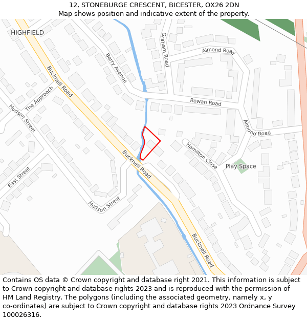 12, STONEBURGE CRESCENT, BICESTER, OX26 2DN: Location map and indicative extent of plot