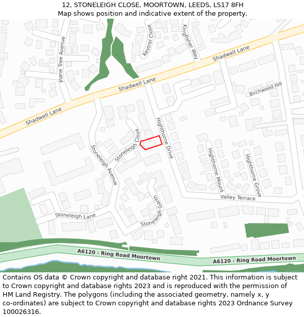 12, STONELEIGH CLOSE, MOORTOWN, LEEDS, LS17 8FH: Location map and indicative extent of plot