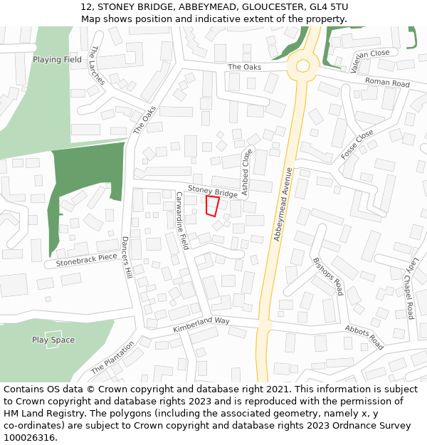 12, STONEY BRIDGE, ABBEYMEAD, GLOUCESTER, GL4 5TU: Location map and indicative extent of plot