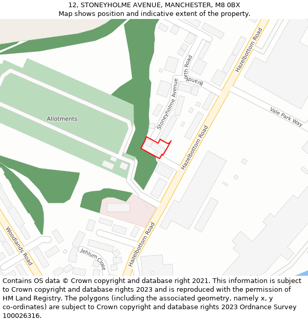 12, STONEYHOLME AVENUE, MANCHESTER, M8 0BX: Location map and indicative extent of plot