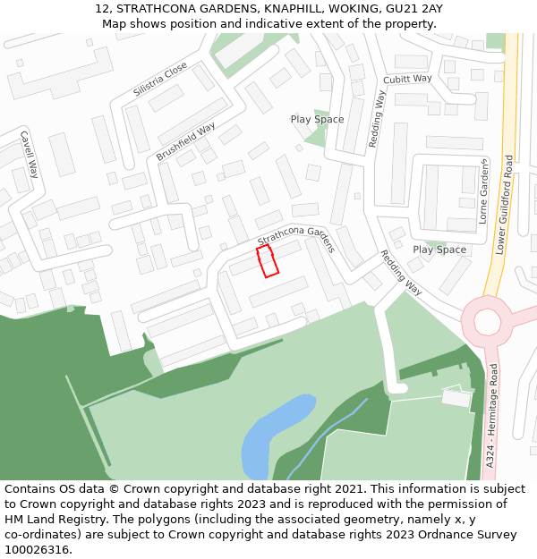 12, STRATHCONA GARDENS, KNAPHILL, WOKING, GU21 2AY: Location map and indicative extent of plot