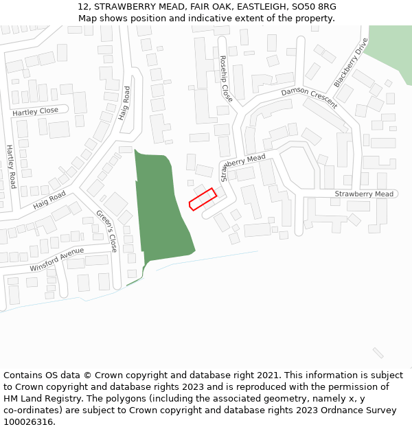 12, STRAWBERRY MEAD, FAIR OAK, EASTLEIGH, SO50 8RG: Location map and indicative extent of plot