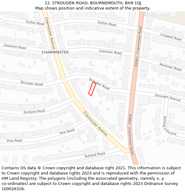 12, STROUDEN ROAD, BOURNEMOUTH, BH9 1QJ: Location map and indicative extent of plot