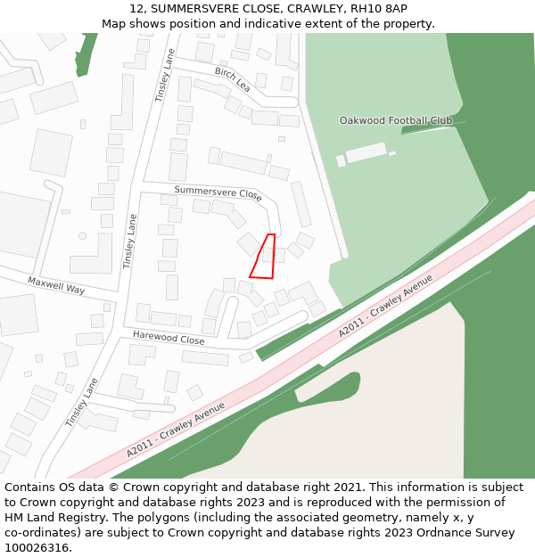 12, SUMMERSVERE CLOSE, CRAWLEY, RH10 8AP: Location map and indicative extent of plot