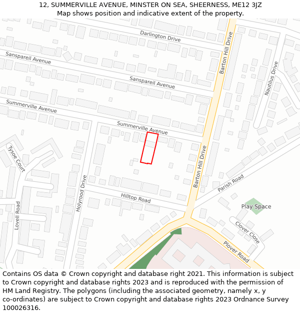 12, SUMMERVILLE AVENUE, MINSTER ON SEA, SHEERNESS, ME12 3JZ: Location map and indicative extent of plot