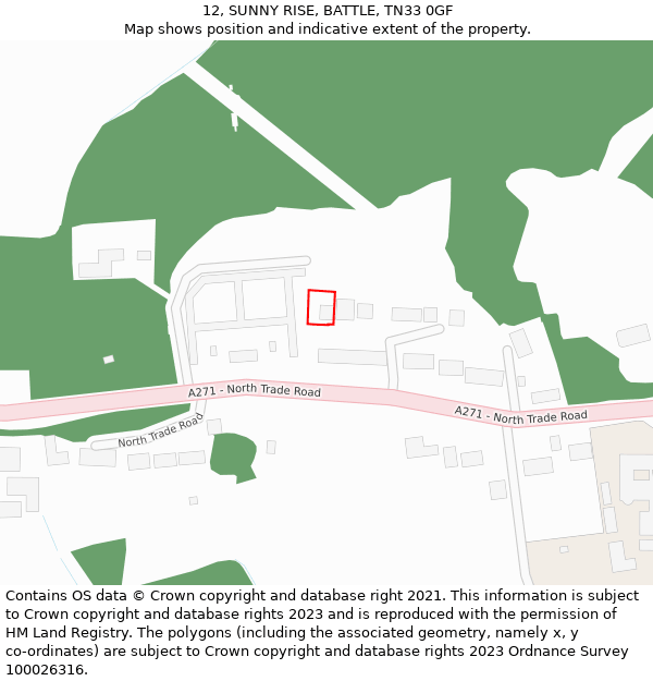 12, SUNNY RISE, BATTLE, TN33 0GF: Location map and indicative extent of plot