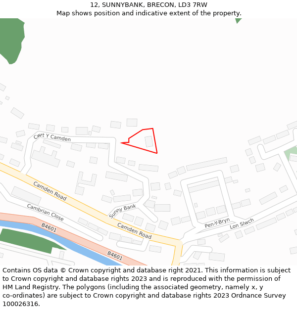 12, SUNNYBANK, BRECON, LD3 7RW: Location map and indicative extent of plot