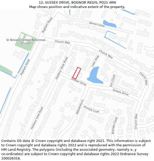 12, SUSSEX DRIVE, BOGNOR REGIS, PO21 4RN: Location map and indicative extent of plot