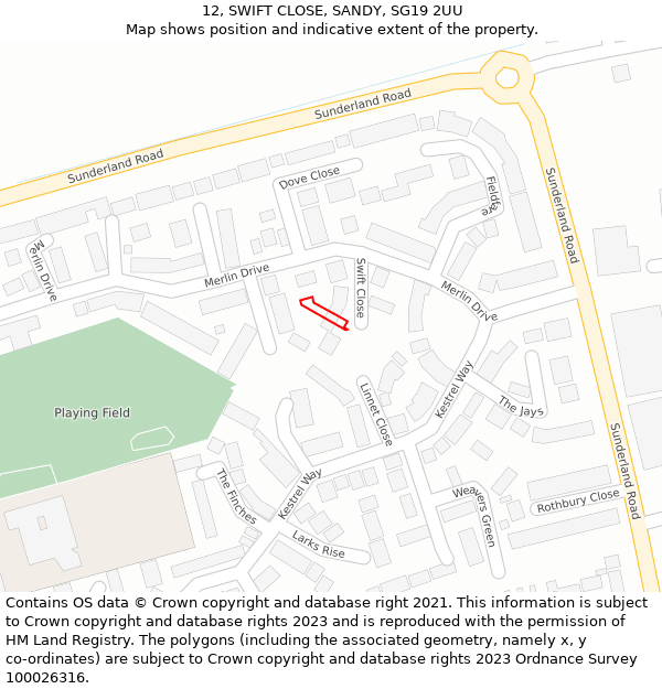 12, SWIFT CLOSE, SANDY, SG19 2UU: Location map and indicative extent of plot