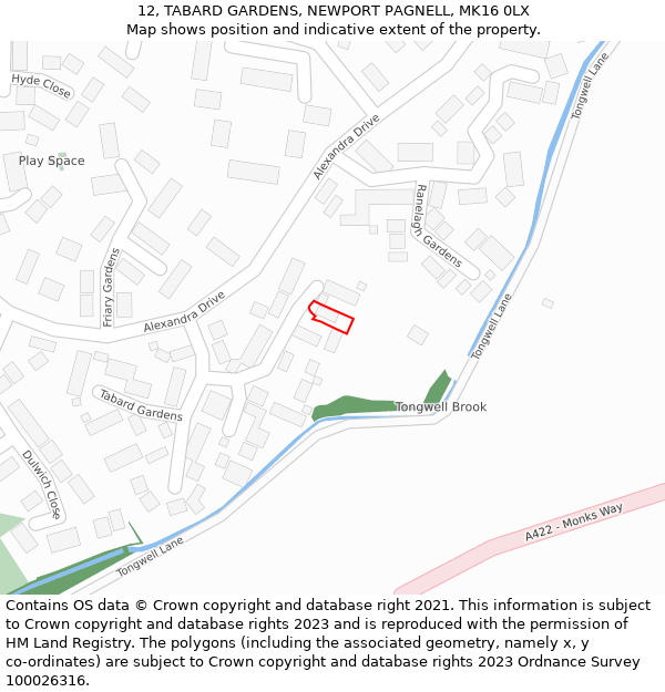 12, TABARD GARDENS, NEWPORT PAGNELL, MK16 0LX: Location map and indicative extent of plot