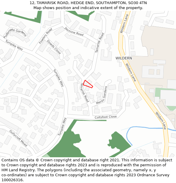 12, TAMARISK ROAD, HEDGE END, SOUTHAMPTON, SO30 4TN: Location map and indicative extent of plot