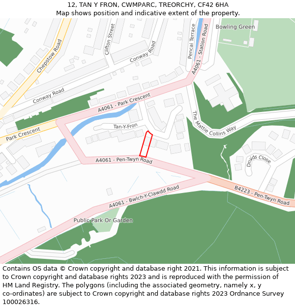 12, TAN Y FRON, CWMPARC, TREORCHY, CF42 6HA: Location map and indicative extent of plot