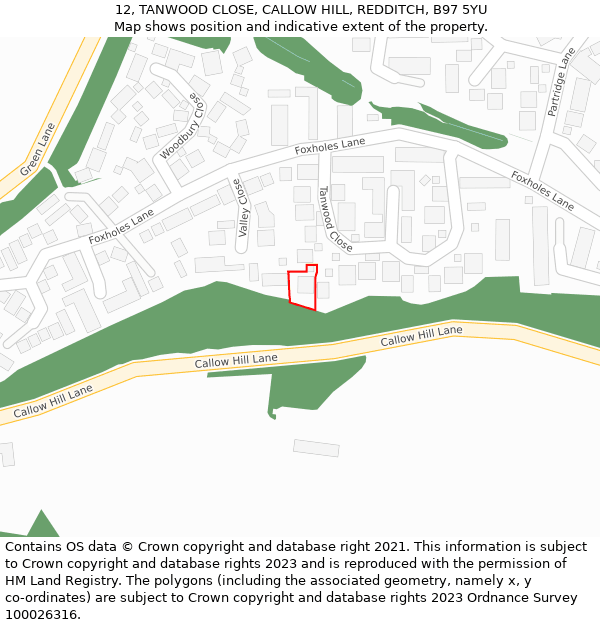 12, TANWOOD CLOSE, CALLOW HILL, REDDITCH, B97 5YU: Location map and indicative extent of plot