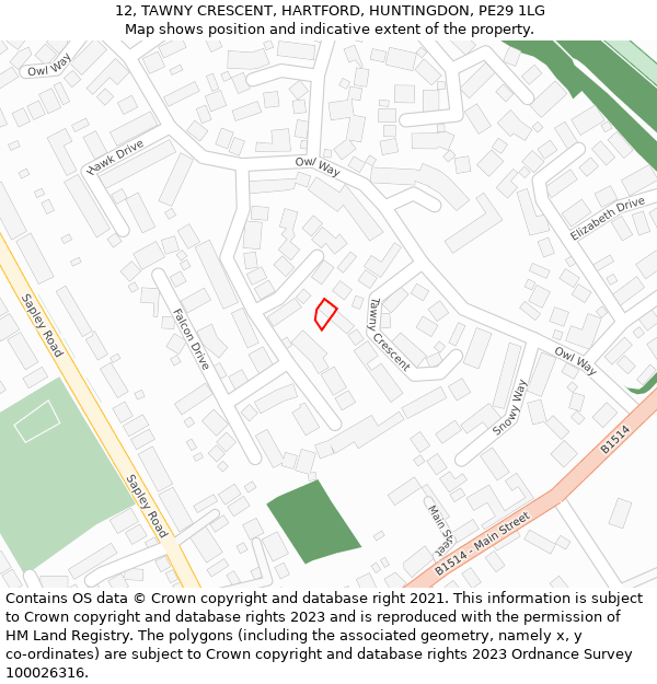 12, TAWNY CRESCENT, HARTFORD, HUNTINGDON, PE29 1LG: Location map and indicative extent of plot