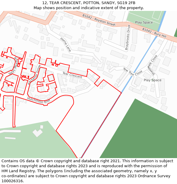 12, TEAR CRESCENT, POTTON, SANDY, SG19 2FB: Location map and indicative extent of plot