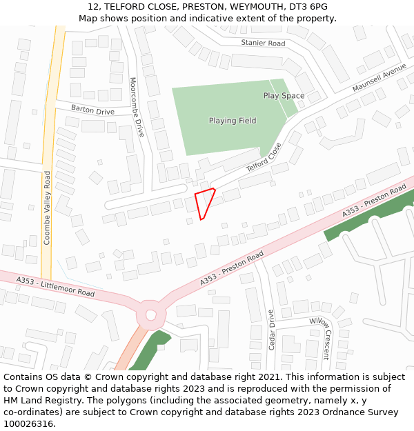 12, TELFORD CLOSE, PRESTON, WEYMOUTH, DT3 6PG: Location map and indicative extent of plot