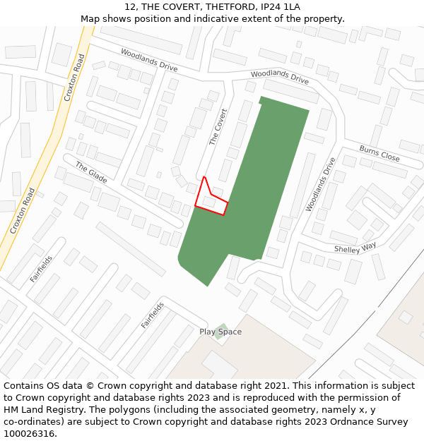 12, THE COVERT, THETFORD, IP24 1LA: Location map and indicative extent of plot