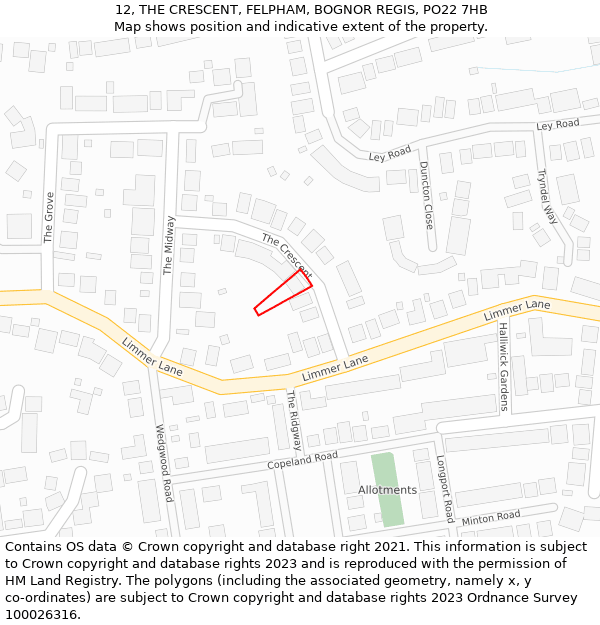 12, THE CRESCENT, FELPHAM, BOGNOR REGIS, PO22 7HB: Location map and indicative extent of plot