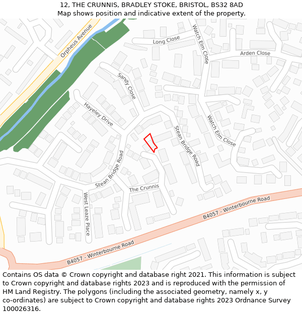 12, THE CRUNNIS, BRADLEY STOKE, BRISTOL, BS32 8AD: Location map and indicative extent of plot