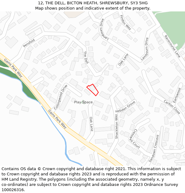 12, THE DELL, BICTON HEATH, SHREWSBURY, SY3 5HG: Location map and indicative extent of plot