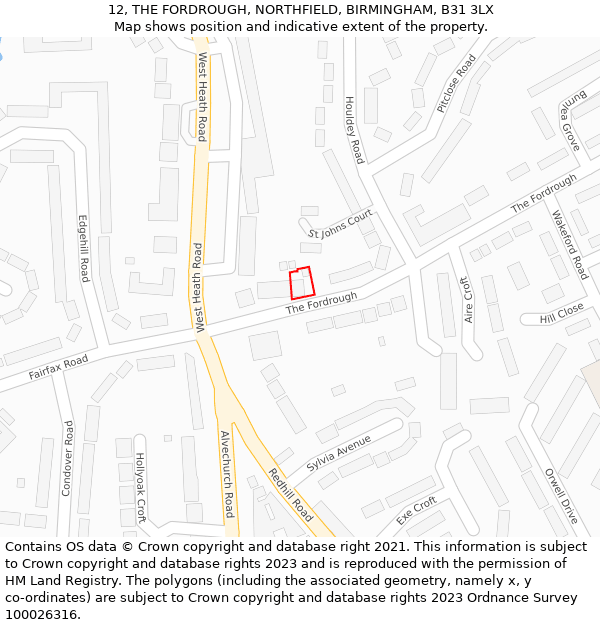 12, THE FORDROUGH, NORTHFIELD, BIRMINGHAM, B31 3LX: Location map and indicative extent of plot