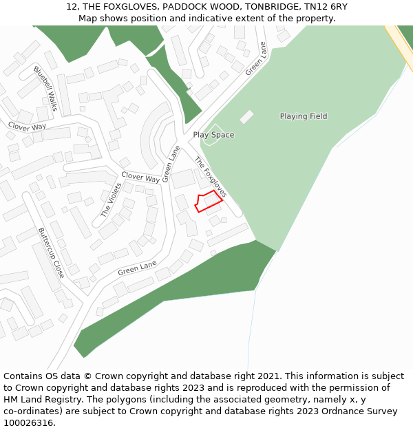 12, THE FOXGLOVES, PADDOCK WOOD, TONBRIDGE, TN12 6RY: Location map and indicative extent of plot