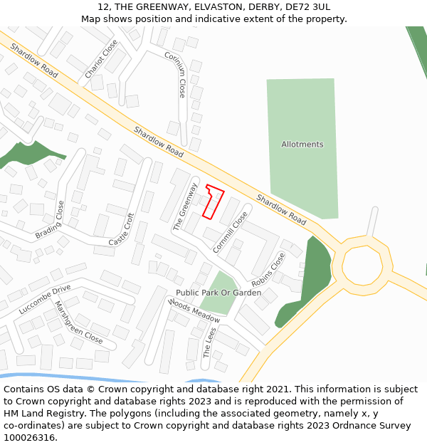 12, THE GREENWAY, ELVASTON, DERBY, DE72 3UL: Location map and indicative extent of plot