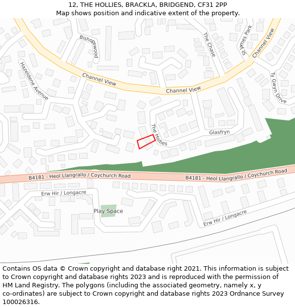 12, THE HOLLIES, BRACKLA, BRIDGEND, CF31 2PP: Location map and indicative extent of plot