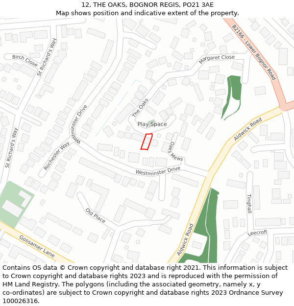 12, THE OAKS, BOGNOR REGIS, PO21 3AE: Location map and indicative extent of plot