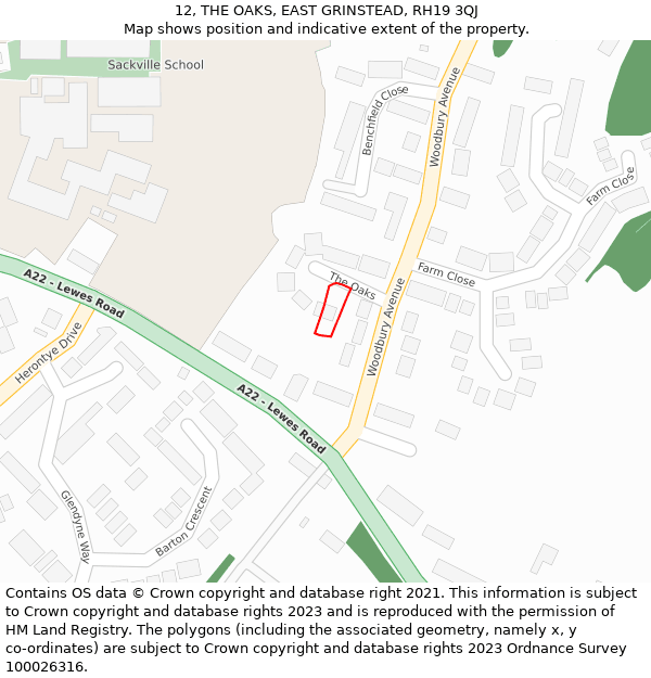 12, THE OAKS, EAST GRINSTEAD, RH19 3QJ: Location map and indicative extent of plot