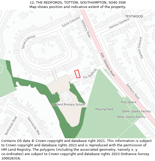 12, THE REDFORDS, TOTTON, SOUTHAMPTON, SO40 3SW: Location map and indicative extent of plot