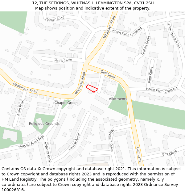 12, THE SEEKINGS, WHITNASH, LEAMINGTON SPA, CV31 2SH: Location map and indicative extent of plot