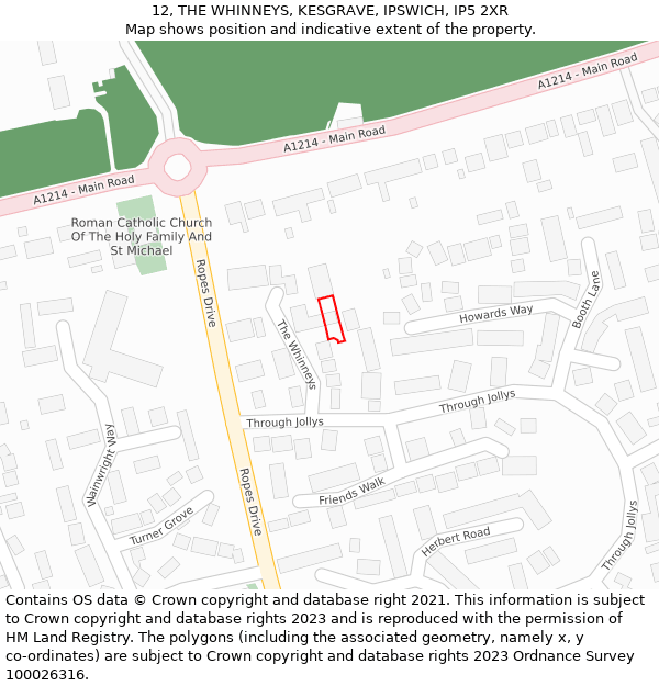 12, THE WHINNEYS, KESGRAVE, IPSWICH, IP5 2XR: Location map and indicative extent of plot