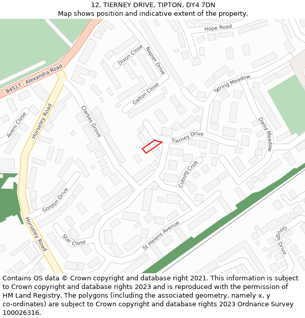 12, TIERNEY DRIVE, TIPTON, DY4 7DN: Location map and indicative extent of plot