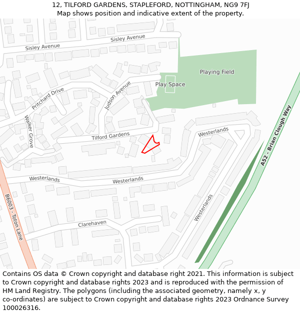 12, TILFORD GARDENS, STAPLEFORD, NOTTINGHAM, NG9 7FJ: Location map and indicative extent of plot
