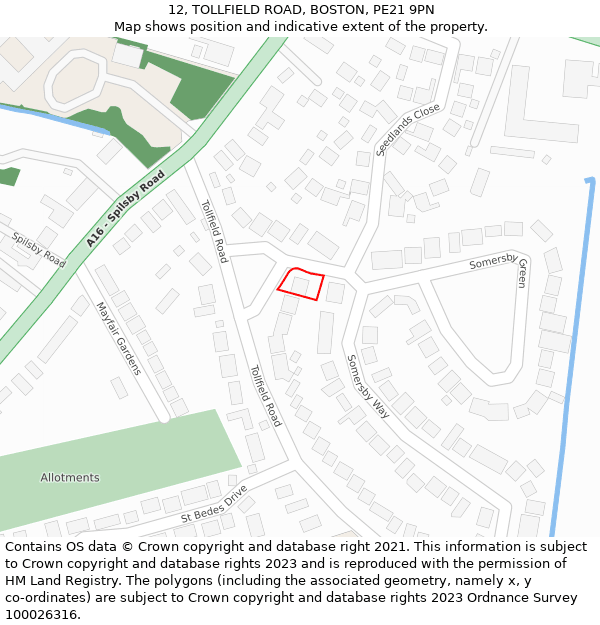 12, TOLLFIELD ROAD, BOSTON, PE21 9PN: Location map and indicative extent of plot