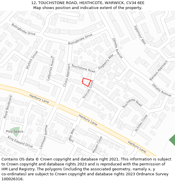 12, TOUCHSTONE ROAD, HEATHCOTE, WARWICK, CV34 6EE: Location map and indicative extent of plot