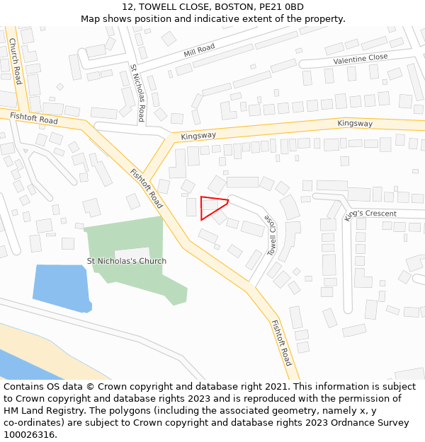 12, TOWELL CLOSE, BOSTON, PE21 0BD: Location map and indicative extent of plot