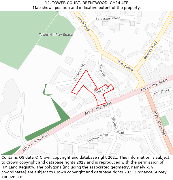 12, TOWER COURT, BRENTWOOD, CM14 4TB: Location map and indicative extent of plot