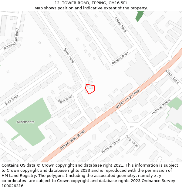 12, TOWER ROAD, EPPING, CM16 5EL: Location map and indicative extent of plot