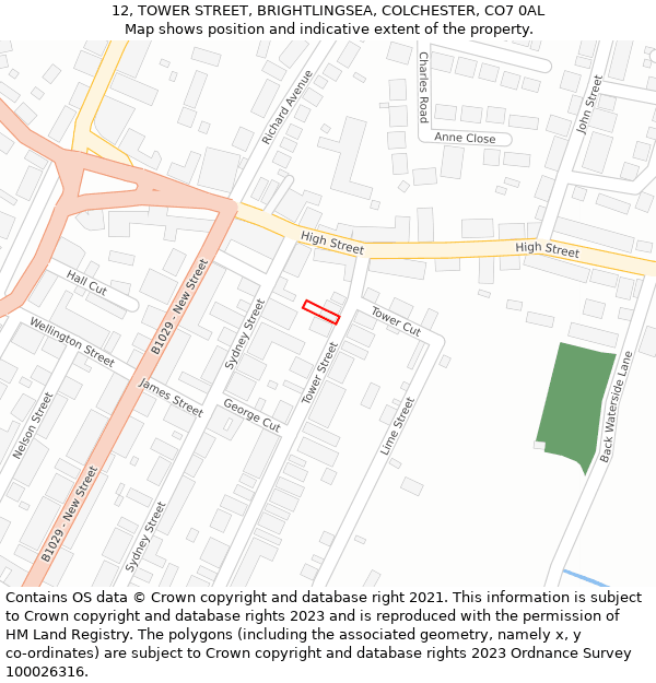 12, TOWER STREET, BRIGHTLINGSEA, COLCHESTER, CO7 0AL: Location map and indicative extent of plot