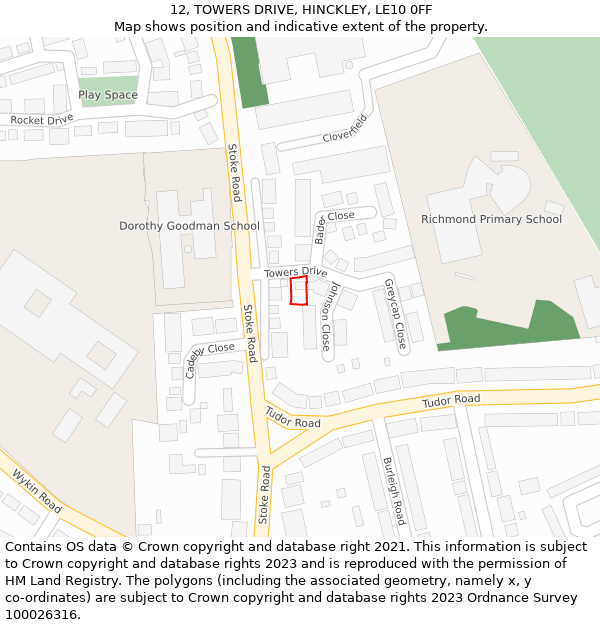 12, TOWERS DRIVE, HINCKLEY, LE10 0FF: Location map and indicative extent of plot