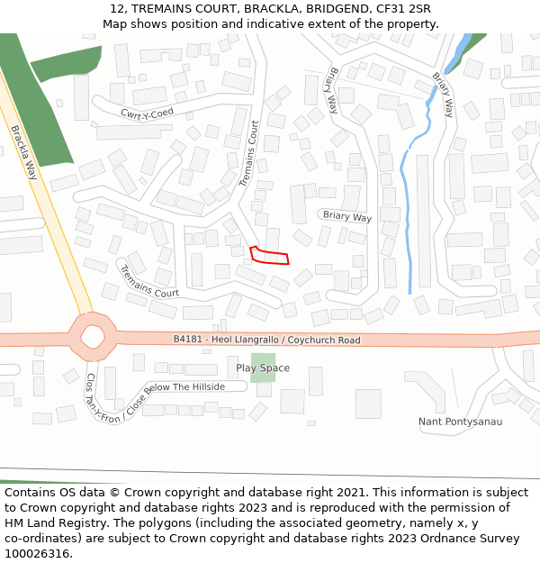 12, TREMAINS COURT, BRACKLA, BRIDGEND, CF31 2SR: Location map and indicative extent of plot