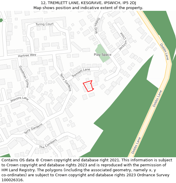 12, TREMLETT LANE, KESGRAVE, IPSWICH, IP5 2DJ: Location map and indicative extent of plot